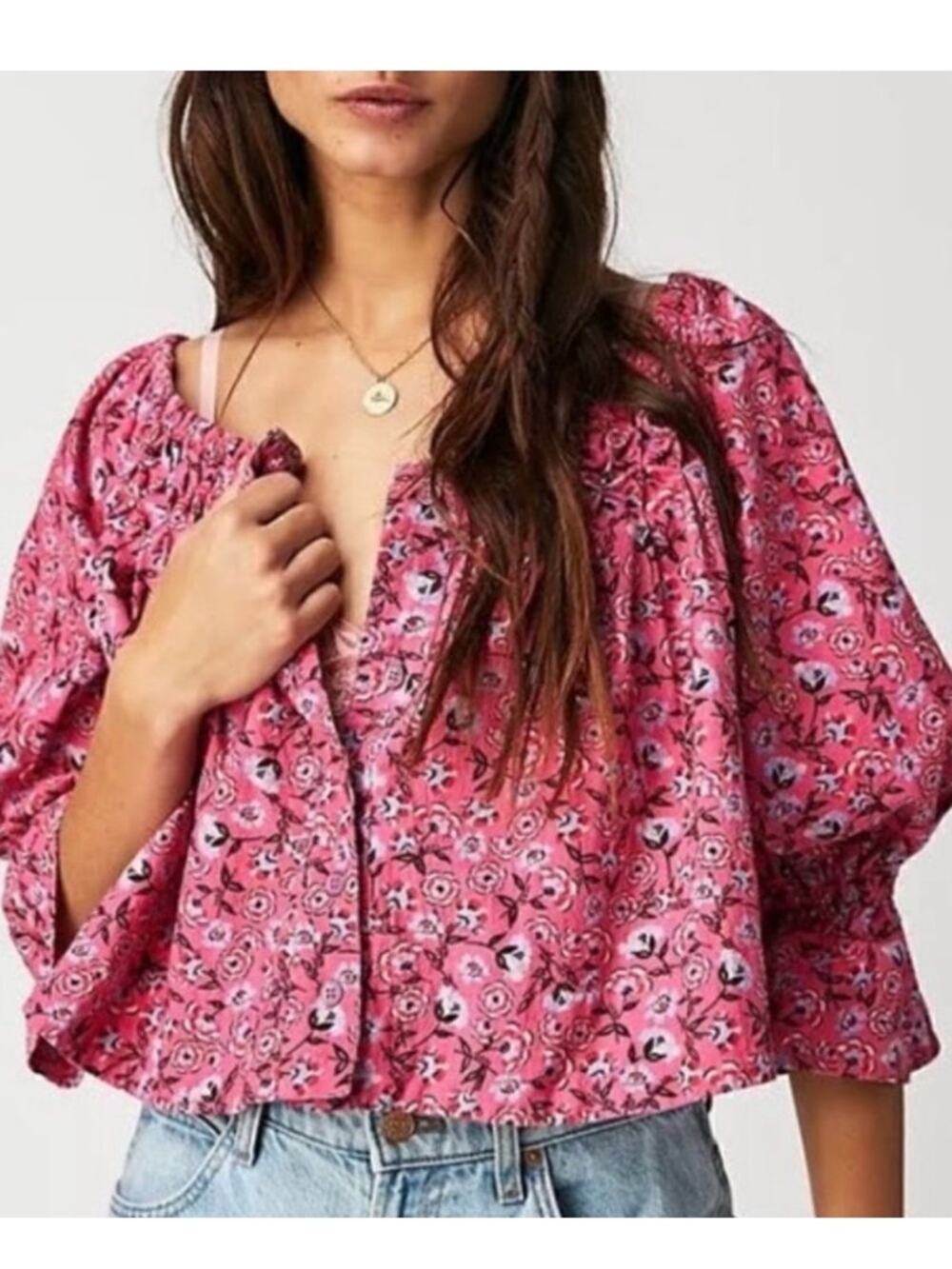 Free People James Smocked Pink Floral Rose Combo Peasant Blouse size XS